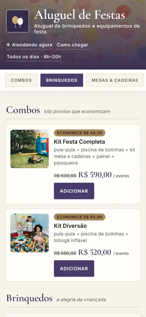 Tela do app Aluguel de Festas