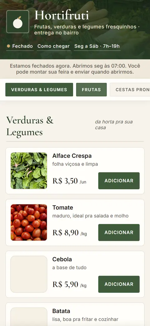 Tela do app Hortifruti
