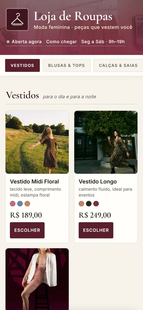 Tela do app Loja de Roupa