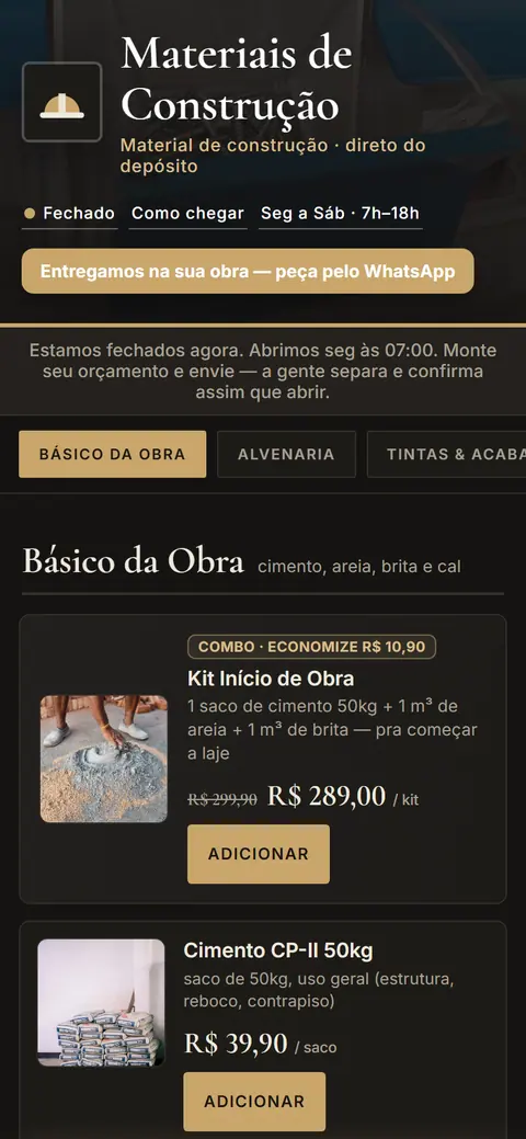 Tela do app Materiais de Construção