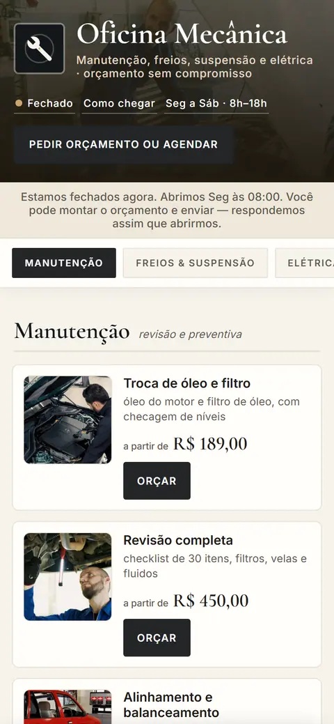 Tela do app Oficina Mecânica