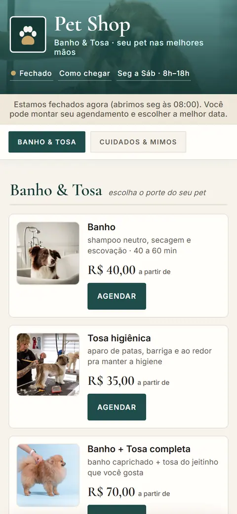 Tela do app Petshop