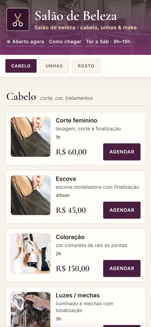 Tela do app Salão de Beleza